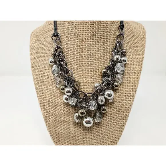 Silver Tone Necklace Beaded Statement Layered Multi-Strand Chunky Cluster - Picture 2 of 5